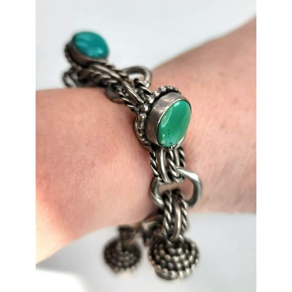 Aaron Toadlena Bracelet 1995 Sterling Silver and Green Turquoise Navajo JS8133 - Picture 4 of 16